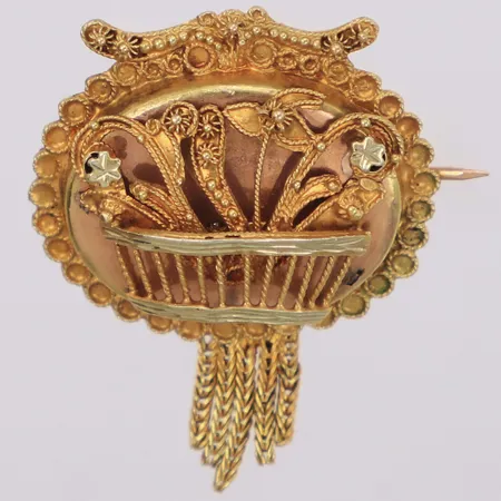 Brosch ca 30x25mm, ojämnheter, ostämplad 14K Vikt: 2,6 g