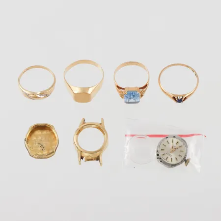 Diverse smycken med slitage och gravyrer 18k,några med stenar.