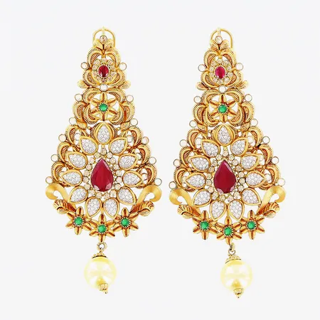 Ett par örhängen, röda/gröna/vita stenar, imitationspärla Ø11mm, 96x41mm, 21K. Bruttovikt: 43,1gram.  Vikt: 43,1 g