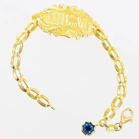 Barnarmband, text, 13,6cm, bredd 4-15mm, berlock blå öga, 21K.  Vikt: 4,4 g