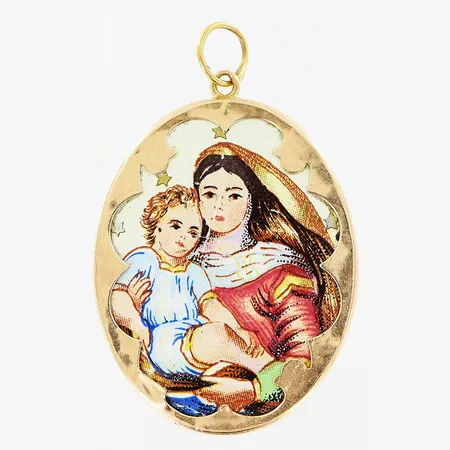 Hänge, porslinplatta, 38x25mm, slitage, ram i 14K. Bruttovikt: 6,6gram.  Vikt: 6,6 g