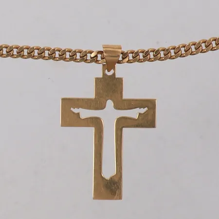 Kedja med hänge, längd 70,5cm, bredd 3,3mm, hängets mått ca 37,5x 23,2mm, defekt lås, 18K  Vikt: 32,6 g