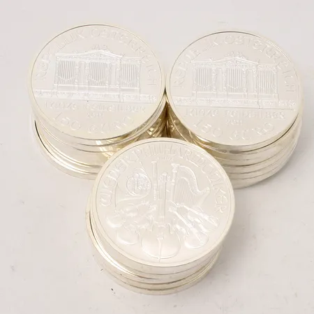 20st mynt i silver, Wiener Philharmoniker 1,5 Euro, 999/1000, vikt 626,4g.