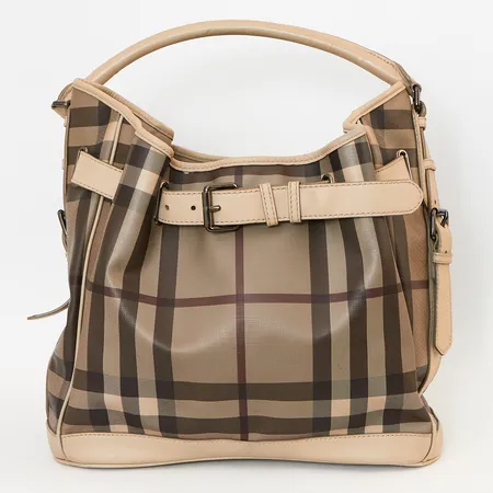 Väska Burberry modell Walden Hobo, Smoke Check, mått ca 36x 30x13 med dustbag, bruksslitage, torrsprickor på axelrem