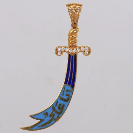 Hänge svärd, vita stenar samt emaljdetaljer, längd 58mm, repor, 21K Vikt: 4,4 g