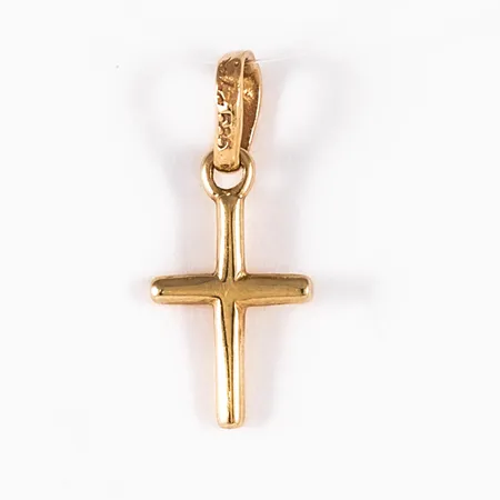 Hänge kors i 14K guld. Det är 19,5 mm långt inkl. ögla och väger 0,6g.