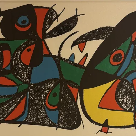 Tavla, efter Joan Miro, (1893-1983), komposition, färglitografi E.A, mått 19x39cm, signerad i trycket. OBS. SKICKAS EJ! Specialfrakt, kontakta pantbankskontoret för mer information.