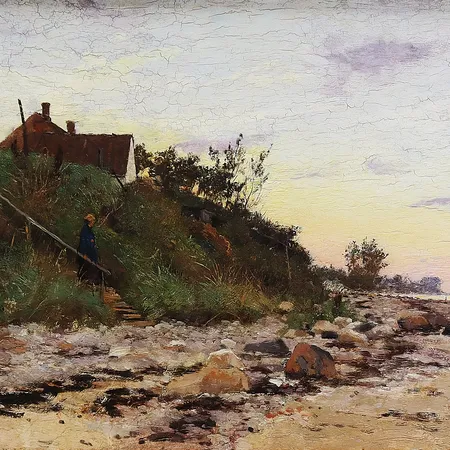 Tavla Axel Lindman daterad 1883, strandmotiv, olja på pannå 40,5x26cm, rammått 58x43,5cm, krackeleringar på målning, små defekter på ram. Skickas med postpaket.