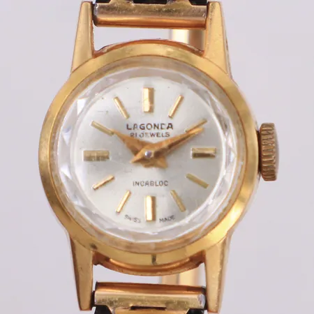 Damur Lagonda manuell, repigt glas, går ej, 18K, flexband doublé. Bruttovikt: 12,0g,