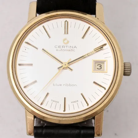 Herrur Certina Blue Ribbon, Ø35mm, guld på stål, automat, datum, läderband, personlig gravyr på boett.