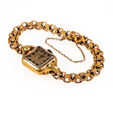 Defekt damur Alpina i 18K guld med 18K band. Boett 18 x 17,5 mm med gravyr bak. Repigt plastglas. Fuktskadad urtavla. går ej. Totallängd 17 cm. Kistlås & säkerhetskedja. Vikt 22,7g. 