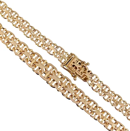 Halskedja X-länk med stav, 18K guld, doserad modell, Jo-Ans Guld AB (J&A), Köping, svensk kontrollstämpel, längd knäppt 42,5 cm, bredd 5,5 - 7,5 mm, fint skick Vikt: 16,9 g