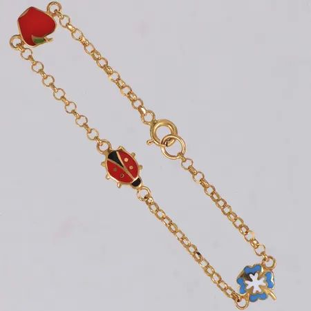 Armband med emaljdetajler, längd 13,5cm, bredd 2-7,8mm, små bucklor i länkarna, 21K  Vikt: 2,7 g