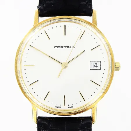 Herrur Certina 14K, quartz, Ø33mm, vit urtavla, datum, sekundvisare, original läderband 25cm, gravyr, i behov av batteribyte, inga tillbehör.