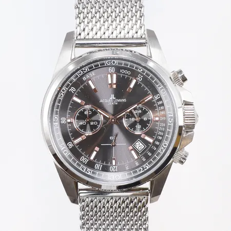Herrur Jacques Lemans Liverpool Ø44mm ref-nr: 1-1117.2, stål, quartz, kronograf, datum, meshlänk i stål, ett extra läderband, box samt bandstiftsverktyg
