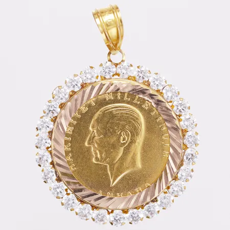 Hänge mynt turkiskt Ankara Ø22mm 22K, ram med vita stenar 14K 9,8gram Vikt: 9,8 g