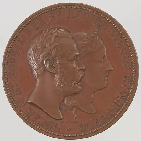 Minnesplakett Oskar II och Sophia, Silverbröllopet 1857-1882, 69mm, brons, etui.