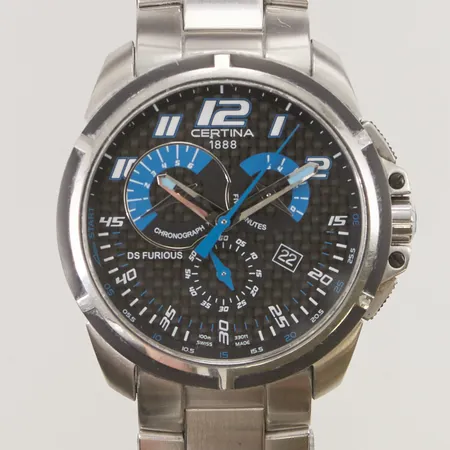Herrur Certina DS Furious, 44mm, stål, refnr:C011417A, quartz, länk ca 21cm, batteribyte krävs.