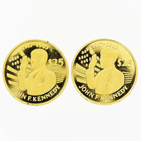 2 mynt, John F. Kennedy, Niue 1994, Ø14mm, med ägarbevis, myntkapsel och etui, 24K Vikt: 2,5 g