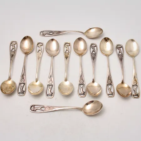 12st skedar i silver, 10,5cm, modell Jämtskogen, 830/1000, tillverkad av Schalin Bror Guld Ab, vikt 135,12g.