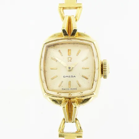 Damur Omega 18K, manuell, 14x14mm, länk 18K 18,5cm, bruttovikt 22,7gram, fläckar på urtavla, originaletui.