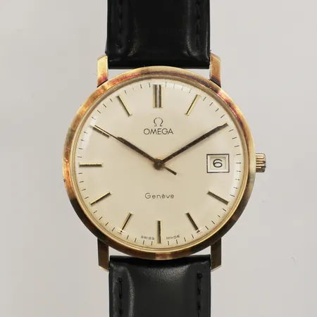 Armbandsur, Omega Geneve, boett i 14K, datum, 34mm, personlig gravyr, repigt glas, monocoque, läderband