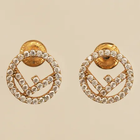 Ett par örhängen med strass, Lobo, Fendi, Ø 10,2mm, guldtonad metall, modellnr 8AG738 6DM F089U, made in Italy, tag, originalask