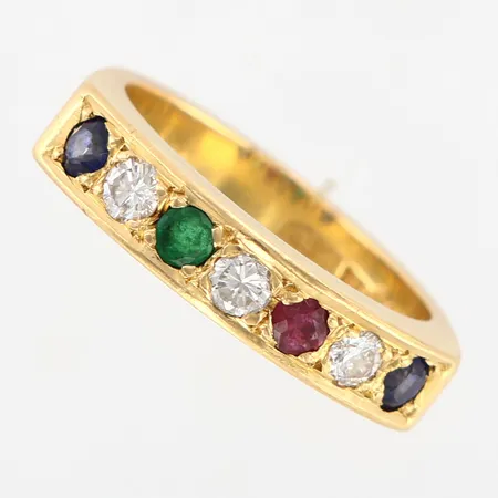 Ring med 0,21ctv diamanter samt safirer, rubin, smaragd, stl 16½, bredd 4mm, 18K Vikt: 6 g