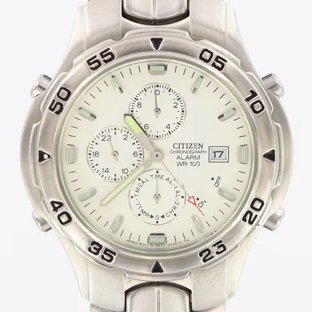 Armbandsur Citizen Alarm WR 100, kronograf, datum, stål, Ø40mm, tickar ej
