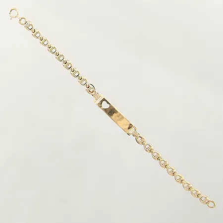 Armband med platta samt genombruten dekor, längd 13,5cm, bredd 4-5,5mm, otydlig stämpel, skadad/bucklig, 18K Vikt: 2 g
