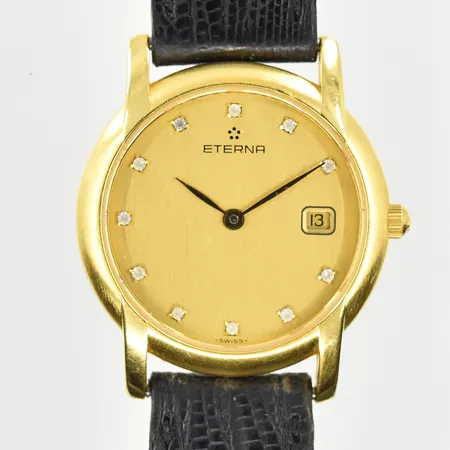 Damur Eterna, boett Ø26 mm, quartz, stål/doublé, läderband, boettnr 2603.22, behov av batteribyte, inga tillbehör.