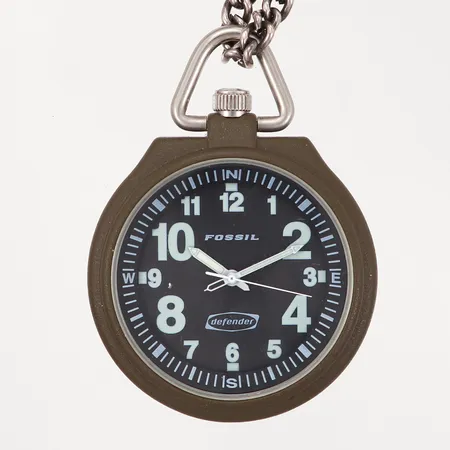 Fickur Fossil DE-1523, Ø44mm, kvarts, bakboett i stål, med låda, i behov av batteribyte