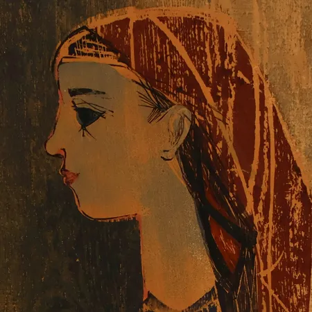 Tavla träsnitt av Paul René Gauguin, uppfodrad på pannå, kvinna i profil, signerad numrerad 152/260, revor/skador, mått 73x43,5 cm Skickas med postpaket.