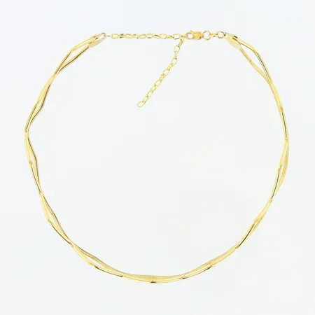 Collier innermått 28cm bredd: 15mm, kedjans längd 7cm, 18K  Vikt: 7,7 g