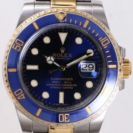 Herrur, Rolex Oyster Perpetual Submariner Date, stål/guld, automatisk, 40mm, refnr 116613LB, snr K73K0765, safirglas, datum, cal 3135, boettnr 2360, verknr L85H9838, oysterlänk i stål/guld, smärre repor vid lås, cert och butikskvitto Rob Engström oktober 2015, servicekvitto Rob Engström november 2020, manual, tag, box, ytterkartong med slitage