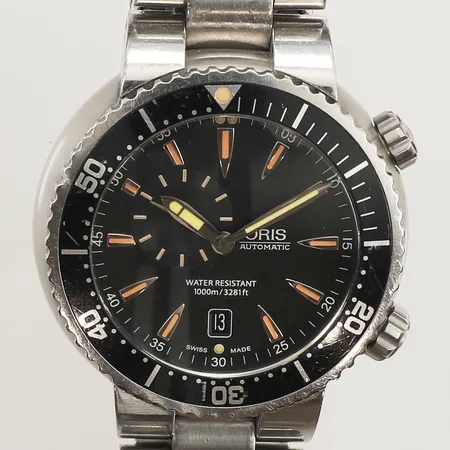 Herrur Oris Diving Small Second Date Steel Black Dial, Ø 47mm, ref nr 7609, serie nr 318956, 1000m/3281ft, automat, datum, sekundvisare, svart/stål, stållänk, viklås, innermått ca 20cm inkl ur, repor, inga övriga tillbehör
