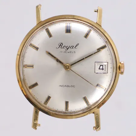 Herrur, Royal, 18K, manuell, 34mm, datum (återställer ej korrekt), boettnr 7819, plexiglas med repor, saknar band, inga tillbehör, brv: 23,2g