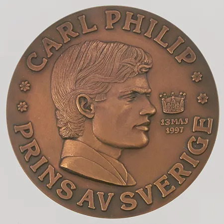 Minnesmedalj, Prins Carl Philip 18år, 1997, brons, etui.