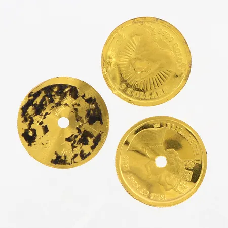 3 mynt defekta Ø38-40mm, borrål, limrester, 24K  Vikt: 3,1 g
