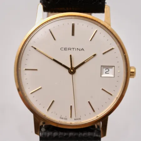 Herrur Certina i 14K guld, Ø33,5mm, quartz, datum, personlig gravyr, i behov av batteribyte, instruktionsbok, box. Vikt: 0 g