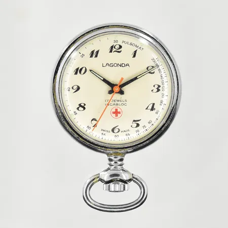Sjuksköterskeur Lagonda, boett Ø30 mm, manuell, stål, pulsomat, fungerade vid testtillfället, swiss made, inga tillbehör.