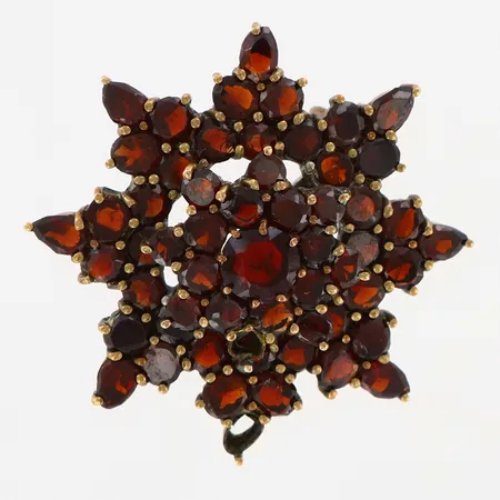 Brosch med granater 30x30mm, 2 stenar saknas, förgylld metall Vikt: 0 g