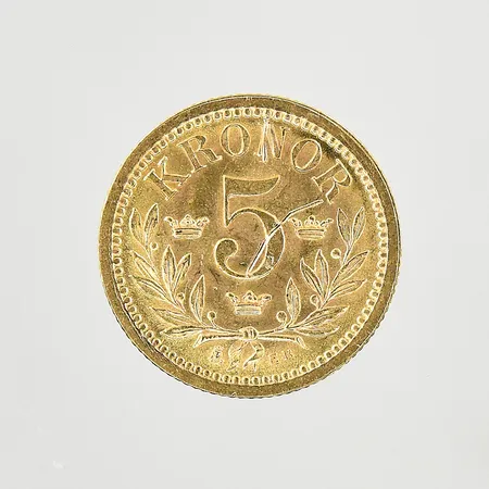 Mynt 5Kr, Oscar II Sveriges och Norges konung år 1901, Ø16mm, 21K. Vikt: 2,2 g