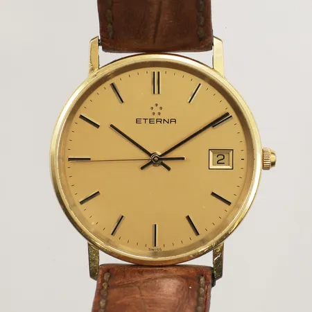 Armbandsur Eterna, 18K, Ø33mm, quartz, datum, gravyr, läderband, batteribyte krävs