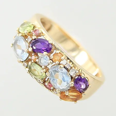 Ring med diamanter 5 x ca 0,005ct samt ametist, citrin, peridot, topas, stl 18½, bredd 3,4-9mm, smärre nagg, GHA, 18K  Vikt: 5,9 g