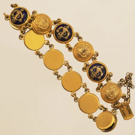 Armband Marinen med blå emalj, längd ca 18cm, bredd 12mm, säkerhetskedja, Sporrongs, förgylld mässing