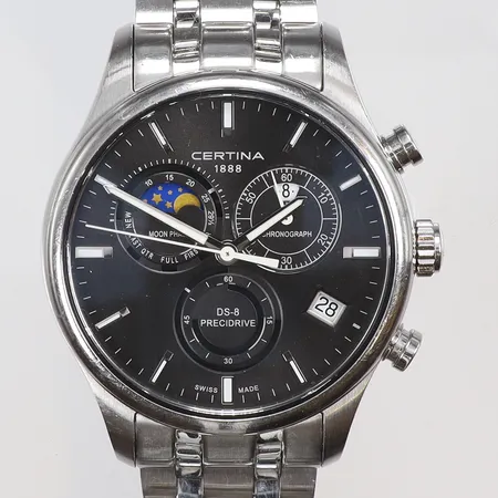 Herrur Certina DS-8 Precidrive, Ø42mm, ref nr 0RJ 4L4 ZVK, serie nr. C033450A, svart urtavla, datum, kronograf, månfas, stål, viklås, bruksslitage