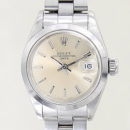 Damur Rolex Oyster Perpetual Date, stål, automatisk, Ø26mm, datum, ref-nr: 69160, serie-nr: 9764597, boettnr: 69000A, verknr: 090437, kaliber 2135, Oysterlänk, cert från 1989, box med slitage, kudde saknas, ytterkartong
