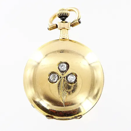 Mormorsur 14K i tre boetter Ø25mm, diamanter 3 x ca 0,05ct gammalslipade, manuell, fungerar ej, defekt/vriden hängögla, uppdragskrona lös, bruttovikt 16,8g, inga tillbehör.