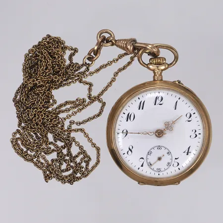 Fickur Ø33mm, oidentifierad tillverkare, boett 14K, innerboett och kedja i metall